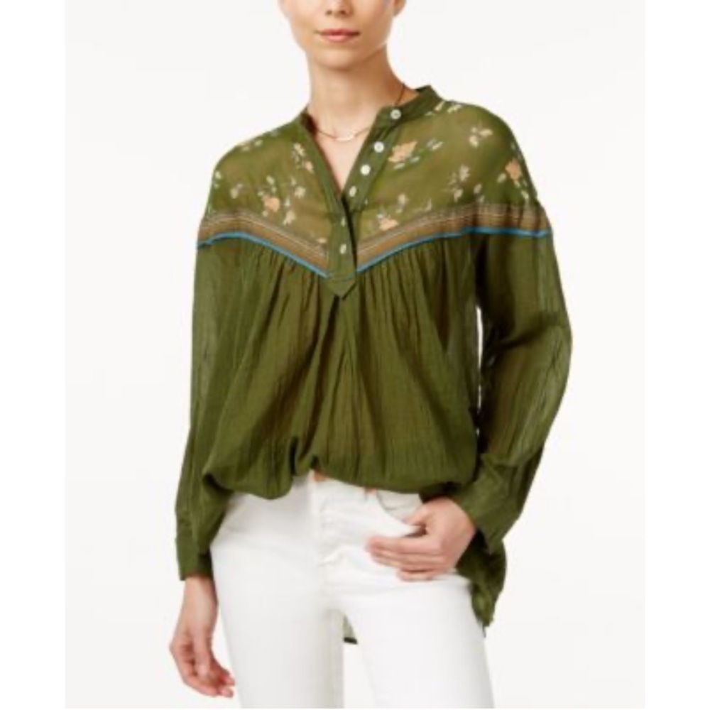 Free People Hearts & Colors Floral Printed Peasant Tunic Blouse Boho Green XS